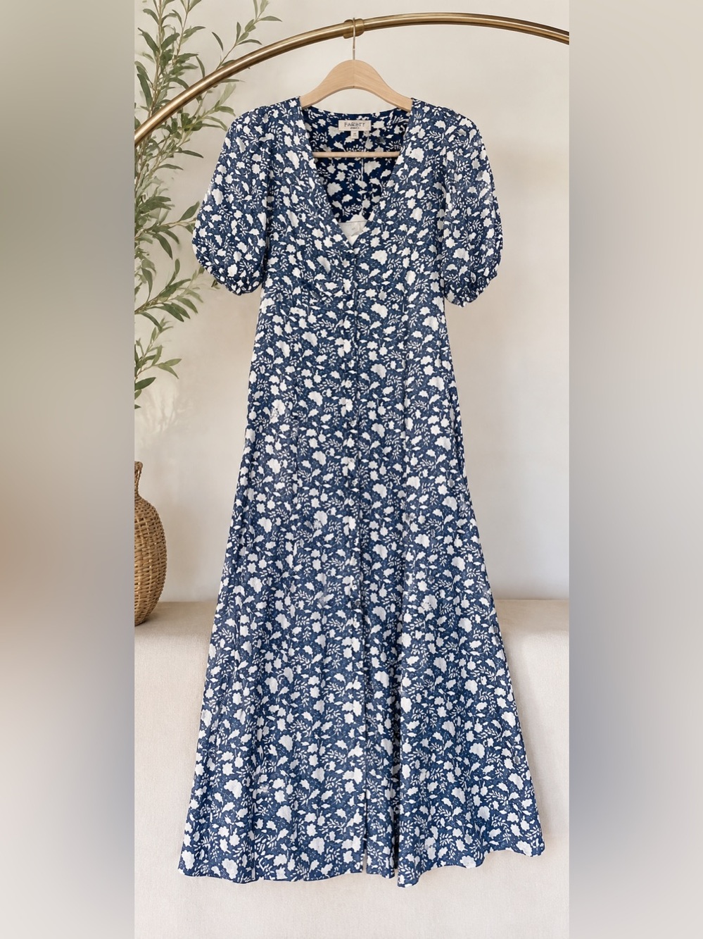Faherty Havana Dress XS NWT Blue Ivory Floral Linen Blend Puff Sleeve Midi $198